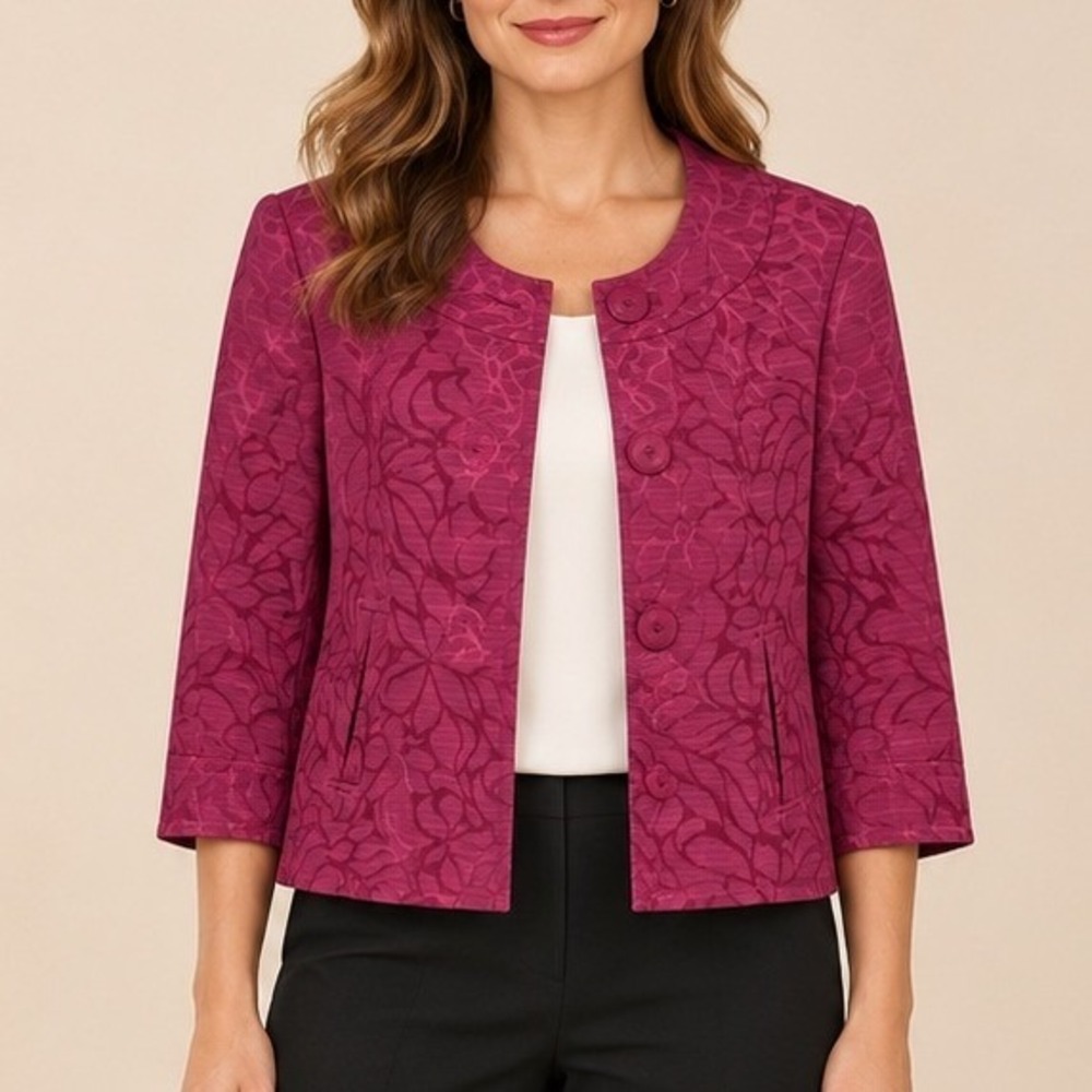 Isabella Suits Blazer Magenta Floral Jacquard Button Front Professional Size 12